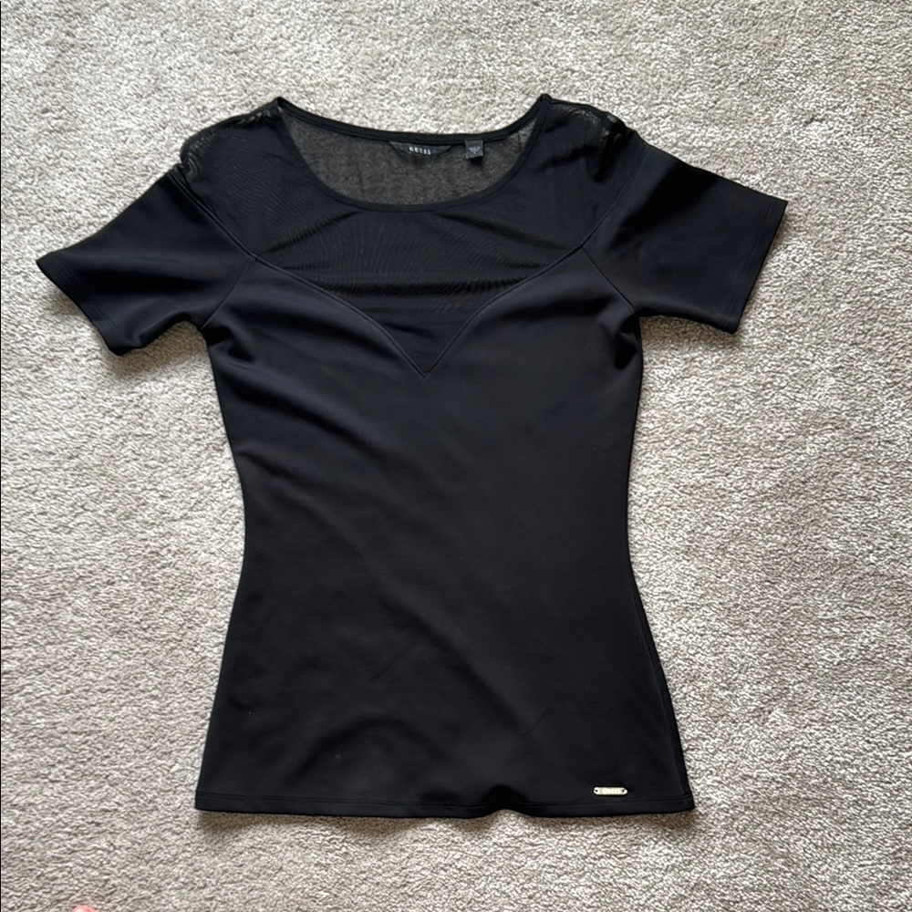Guess Black Mesh Detail Short Sleeve Top